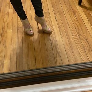 Nude Jimmy Choo heels cross cross elongates legs , elegant , platform .